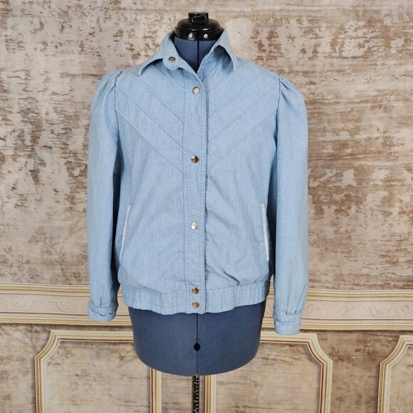 Vintage 1980s Blue Chambray Bomber Jacket Yoke vtg 80s Puff Sleeve S Light Denim - Picture 1 of 10